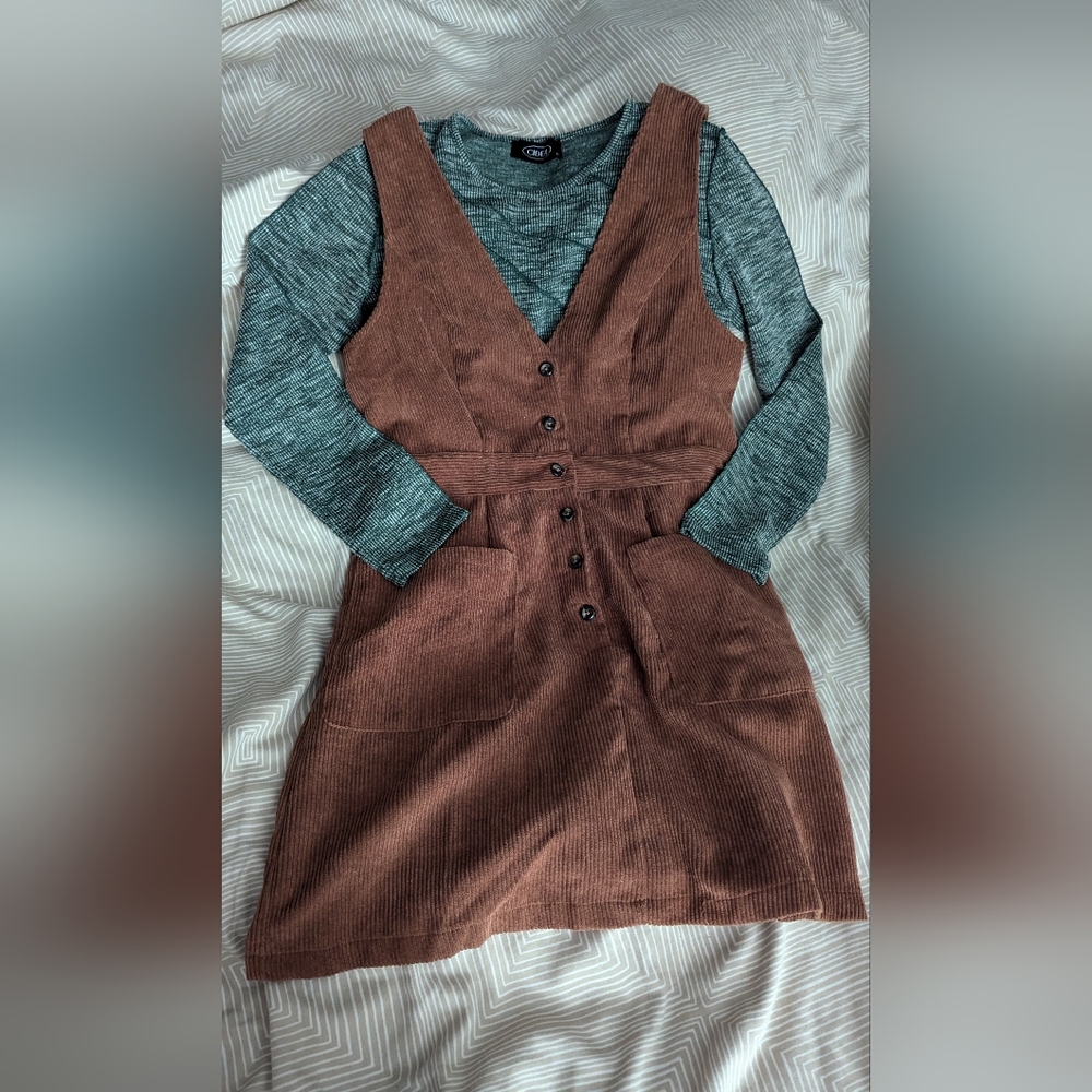 Brown Corduroy dress + Green Thermal Top